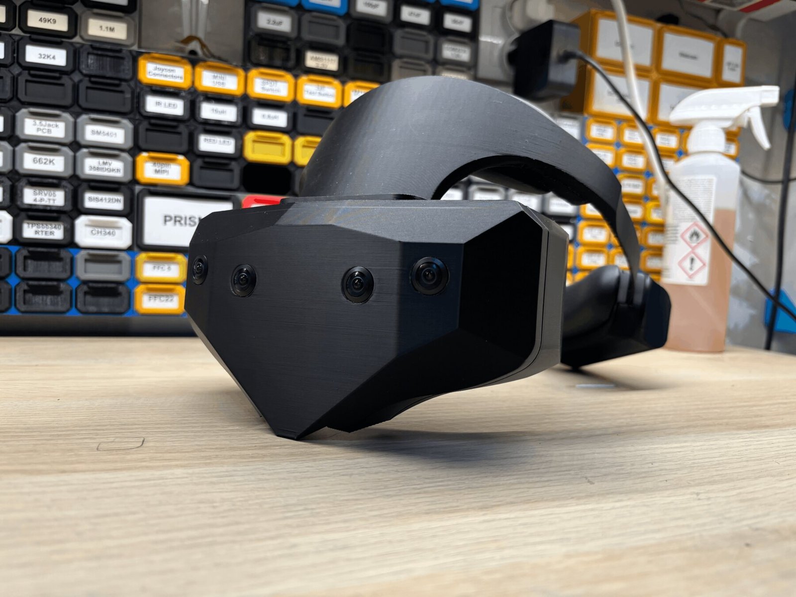 Walker Industries Vector Gear V2 prototype headset with two SLAM cameras and two colour passthrough cameras on its faceplate