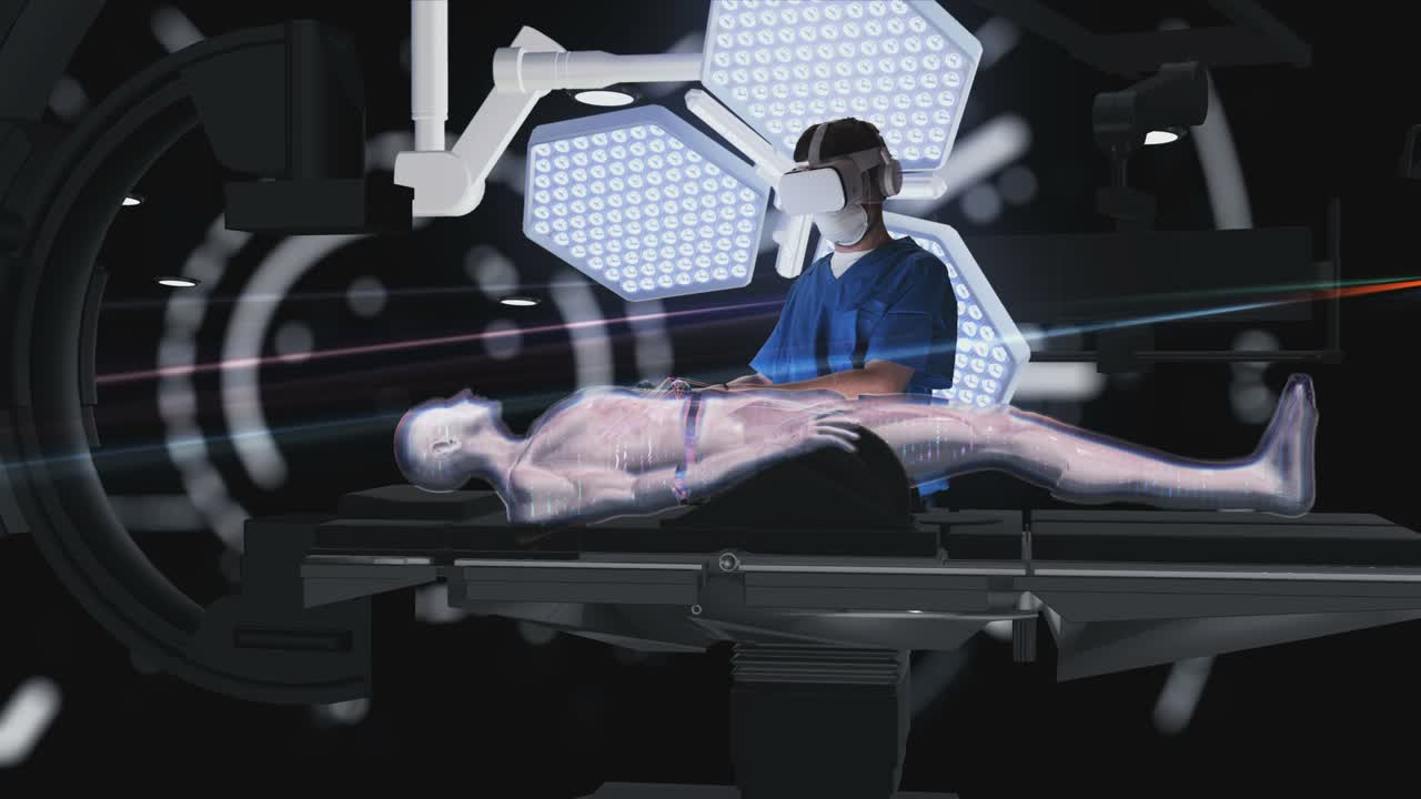 Veyond Metaverse illustration of a clinician in an XR headset beside a holographic patient model
