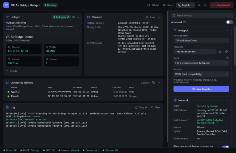 VR Air Bridge Hotspot main window showing a demo 5 GHz, 80 MHz, 802.11ax hotspot on channel 149 with two devices connected (screenshot from the project's GitHub repository, MIT license)