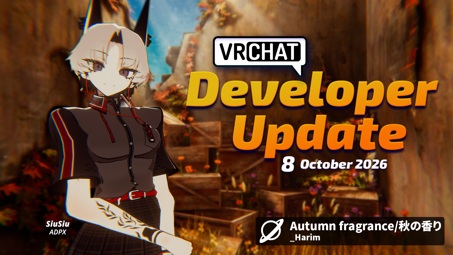 VRChat Developer Update graphic dated 8 October 2026, featuring the world Autumn Fragrance by _Harim