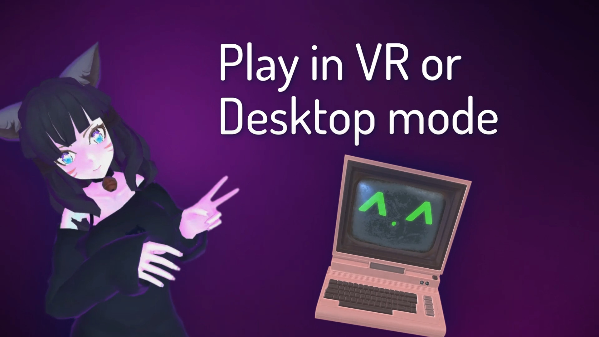 VRChat promotional screenshot: anime-style avatar beside a retro computer with the text Play in VR or Desktop mode