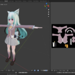 VRChat-style anime avatar model open in Blender, showing the mesh, shape keys and texture layout creators use to author facial expressions