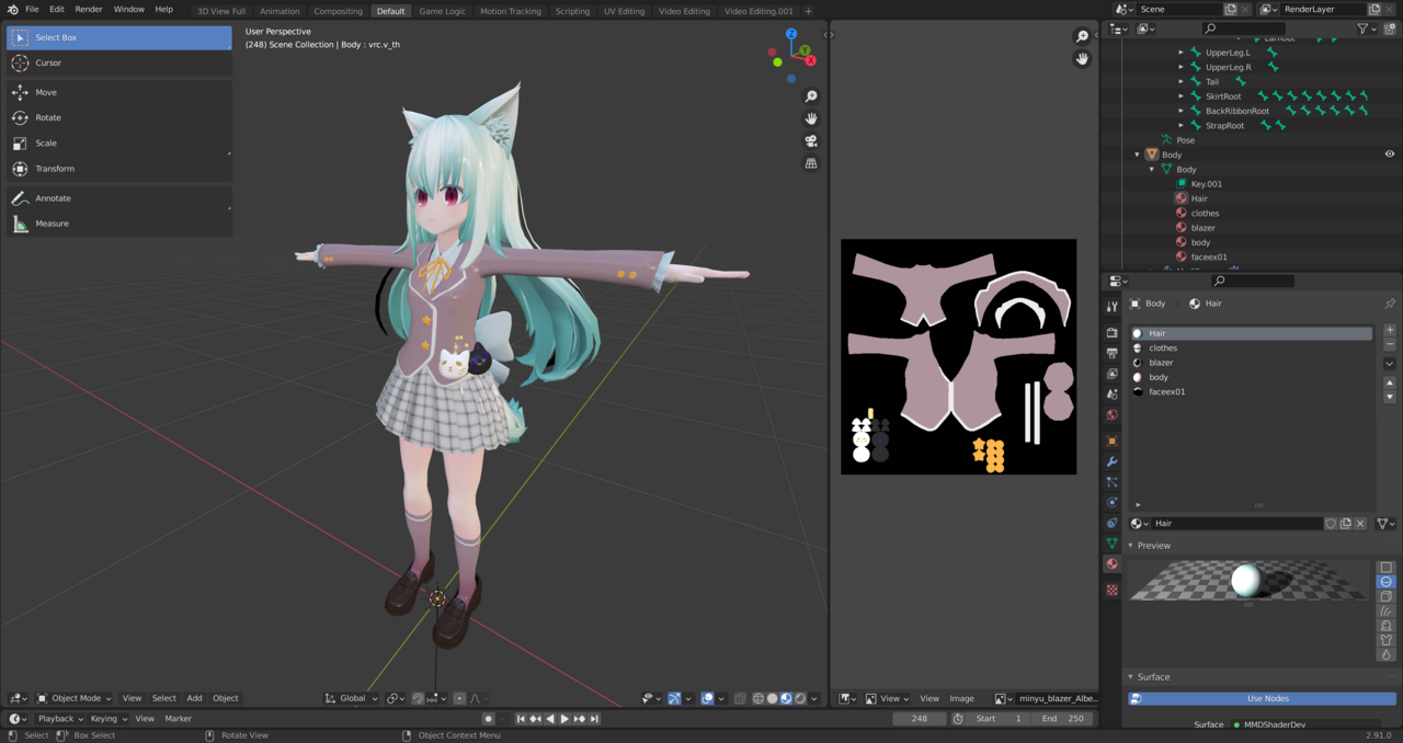 VRChat-style anime avatar model open in Blender, showing the mesh, shape keys and texture layout creators use to author facial expressions