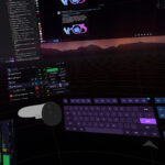 vrOS Steam store screenshot showing desktop panels, a dashboard menu and a VR keyboard inside a headset