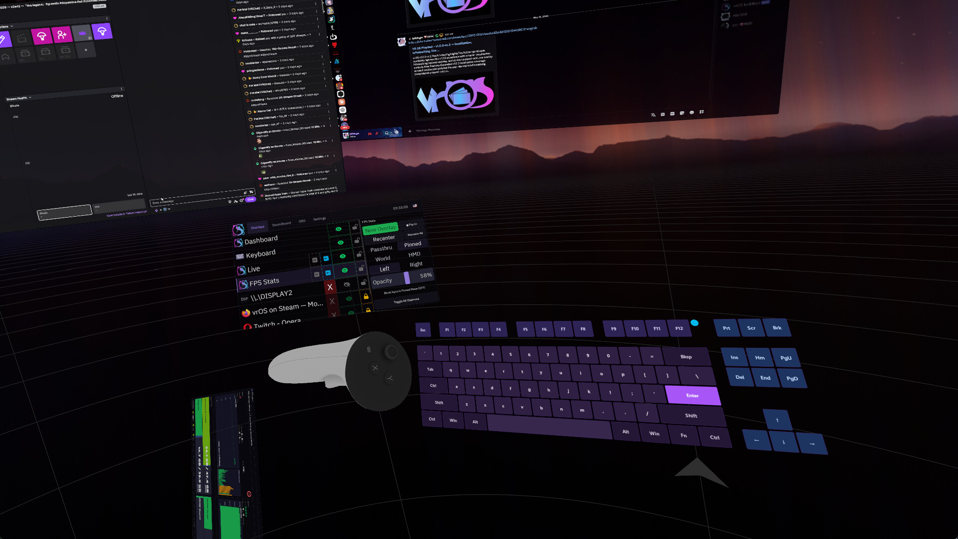vrOS Steam store screenshot showing desktop panels, a dashboard menu and a VR keyboard inside a headset