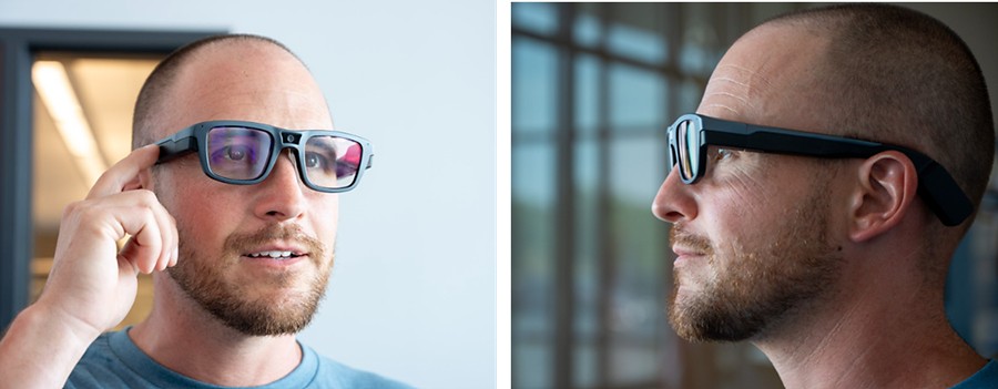 Vuzix Ultralite Pro enterprise smart glasses worn by a model, front and side views