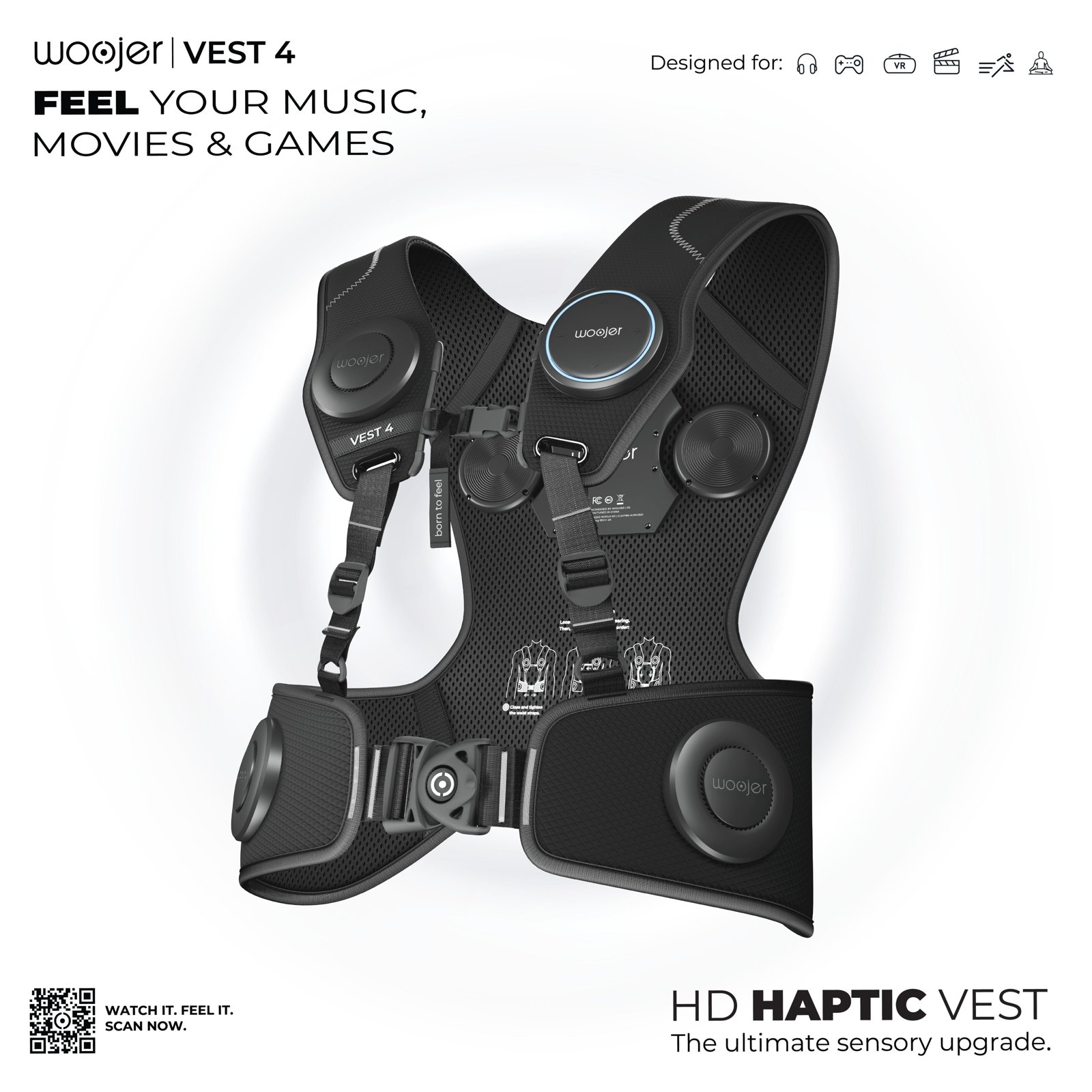 Woojer Vest 4 promotional image showing the six-transducer haptic vest