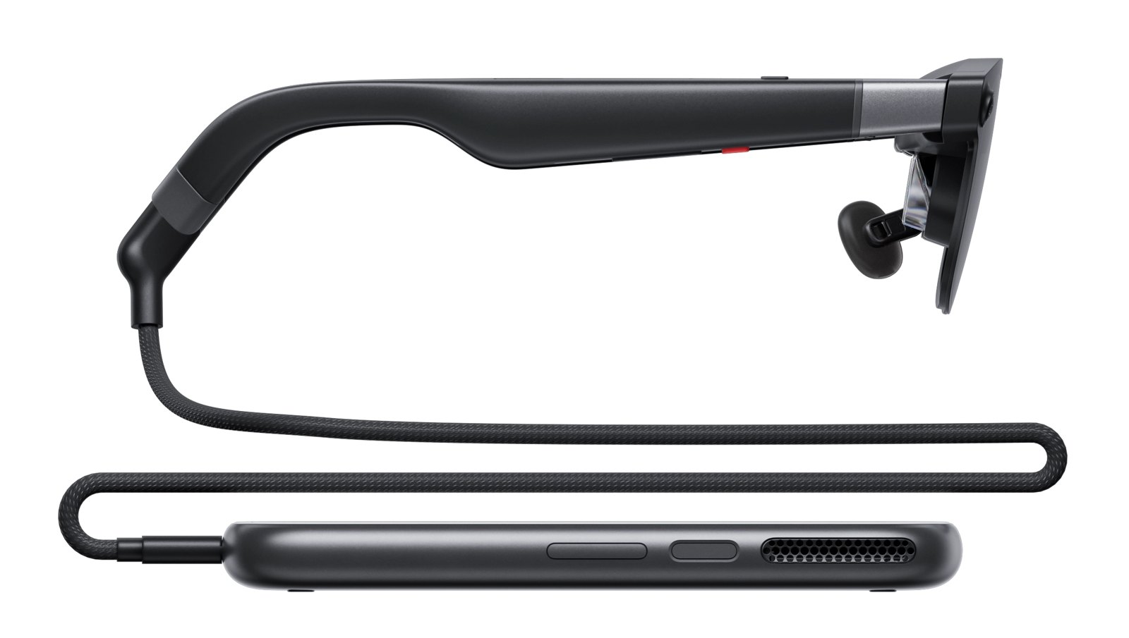 XREAL AURA glasses connected by cable to the compute puck, side view