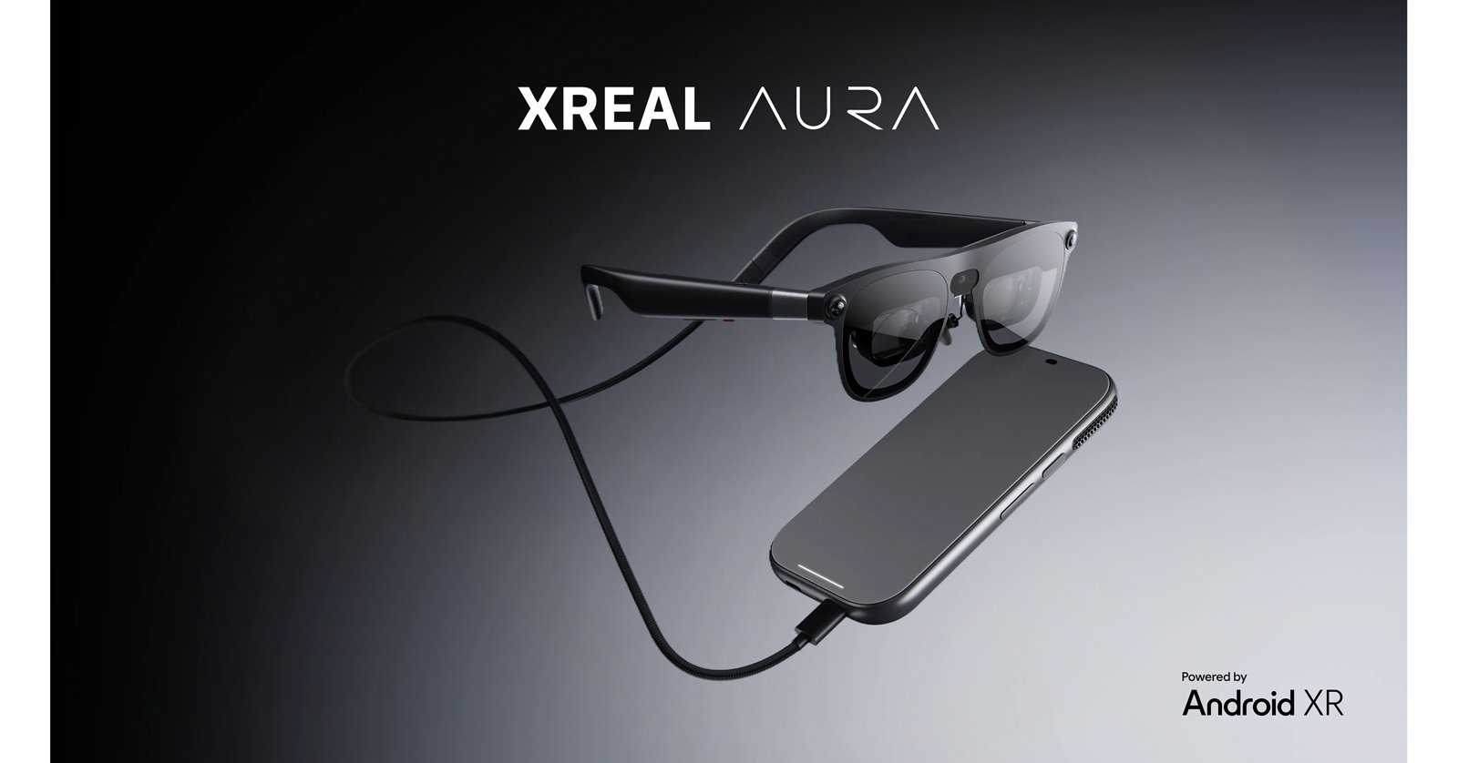 XREAL Aura Android XR glasses with their tethered compute puck, shown in XREAL's launch press image