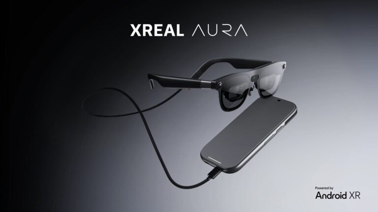 XREAL AURA optical see-through glasses tethered to the Android XR compute puck, official XREAL press image